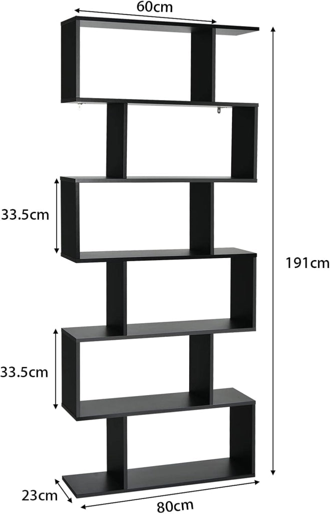 Libreria in Legno Scaffale Multifunzionale a 6 Ripiani per Piante e Libri per Ufficio Casa Ripiano a Forma di S, 80 x 23 x 192 cm (Nero)