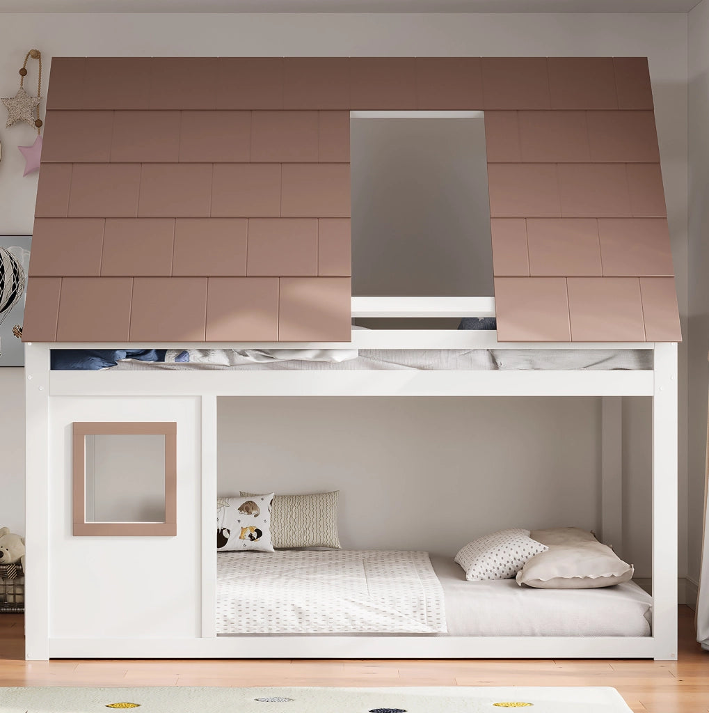 Letto a castello a casetta 140x200 cm con tetto e scala; bianco e marrone