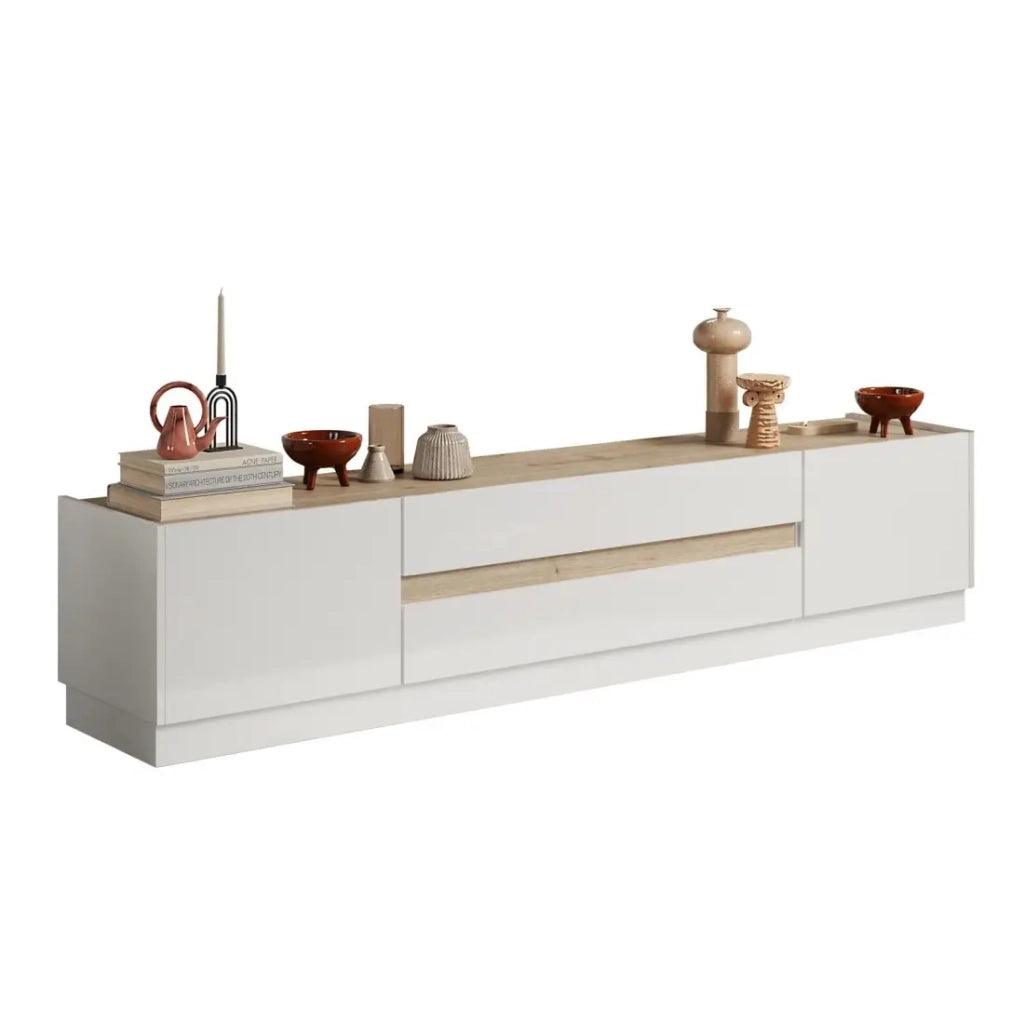 Mobile TV 205cm collezione FANZY. Color bianco lucido e rovere chiaro, ideale per un soggiorno moderno.