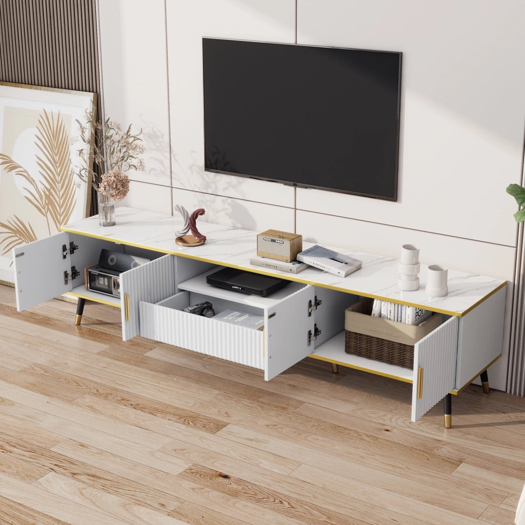 Mobile porta TV con 2 ante e 1 cassetto ripiani regolabili e passacavi per soggiorno in truciolare bianco 200 × 40 × 46 cm
