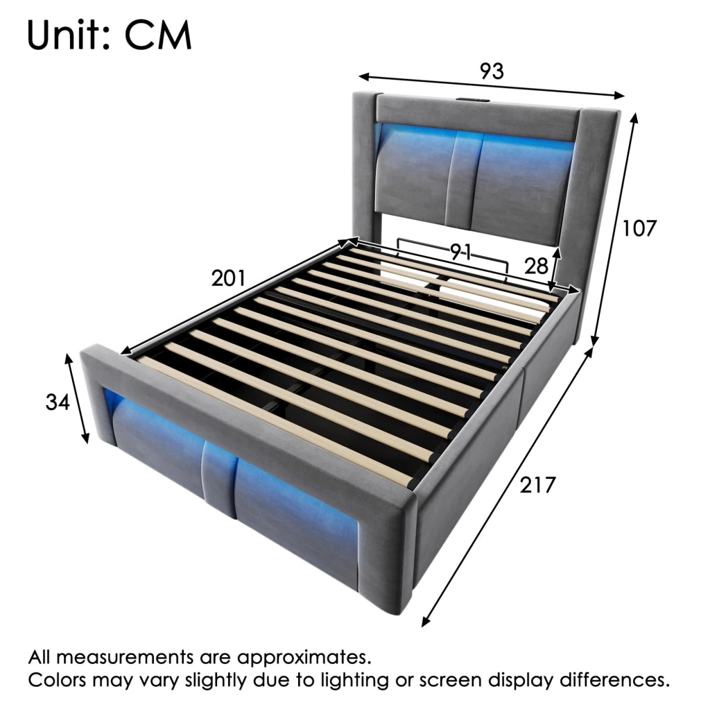Letto singolo 90x200 cm con contenitore; LED; prese USB e Type-C; velluto grigio