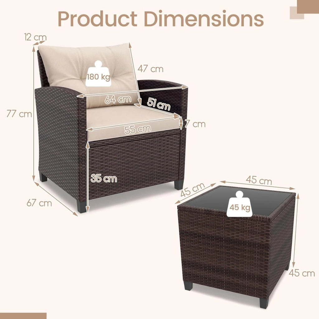 Set di Mobili da Giardino, in Rattan, 3 Pezzi Mobiletti, 1 Tavolino + 2 Poltrone, Salottino da Esterno, con Cuscini per Balcone, Giardino, Cortile, Terrazza, 3 Colori (Bianco)