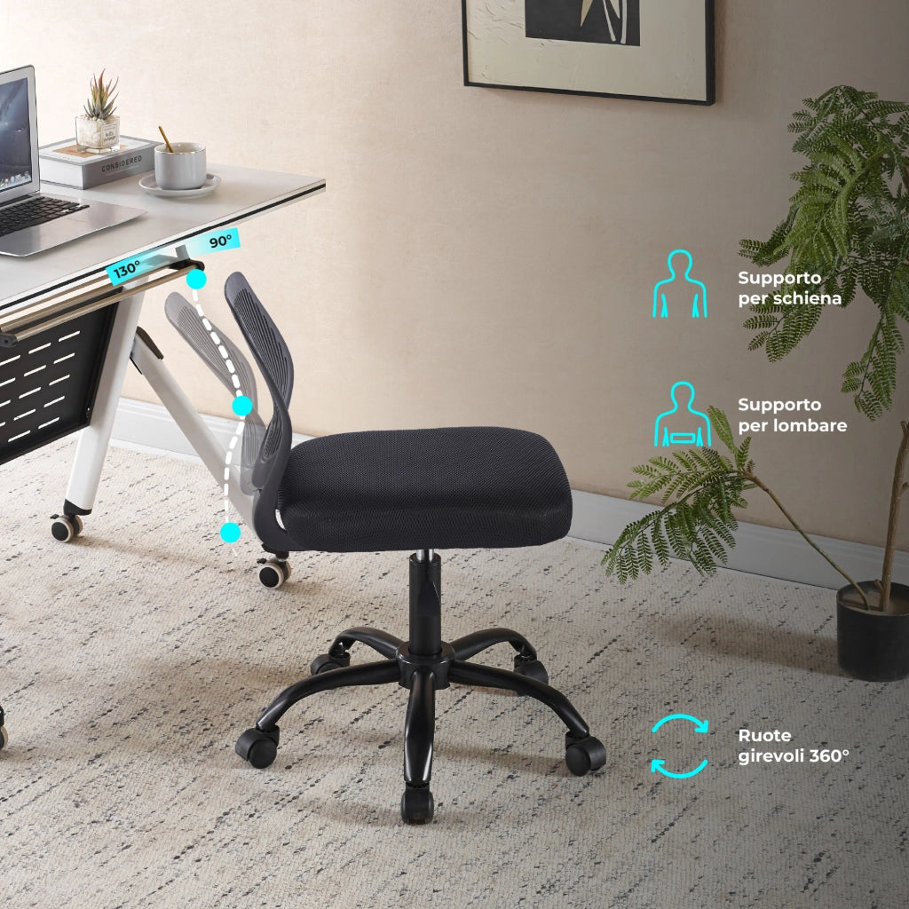Sedia Ufficio Ergonomica Senza Braccioli, Altezza Regolabile, Schienale Traforato Traspirante, Seduta Imbottita Comfort, Base con Ruote 360°, Portata 150 kg