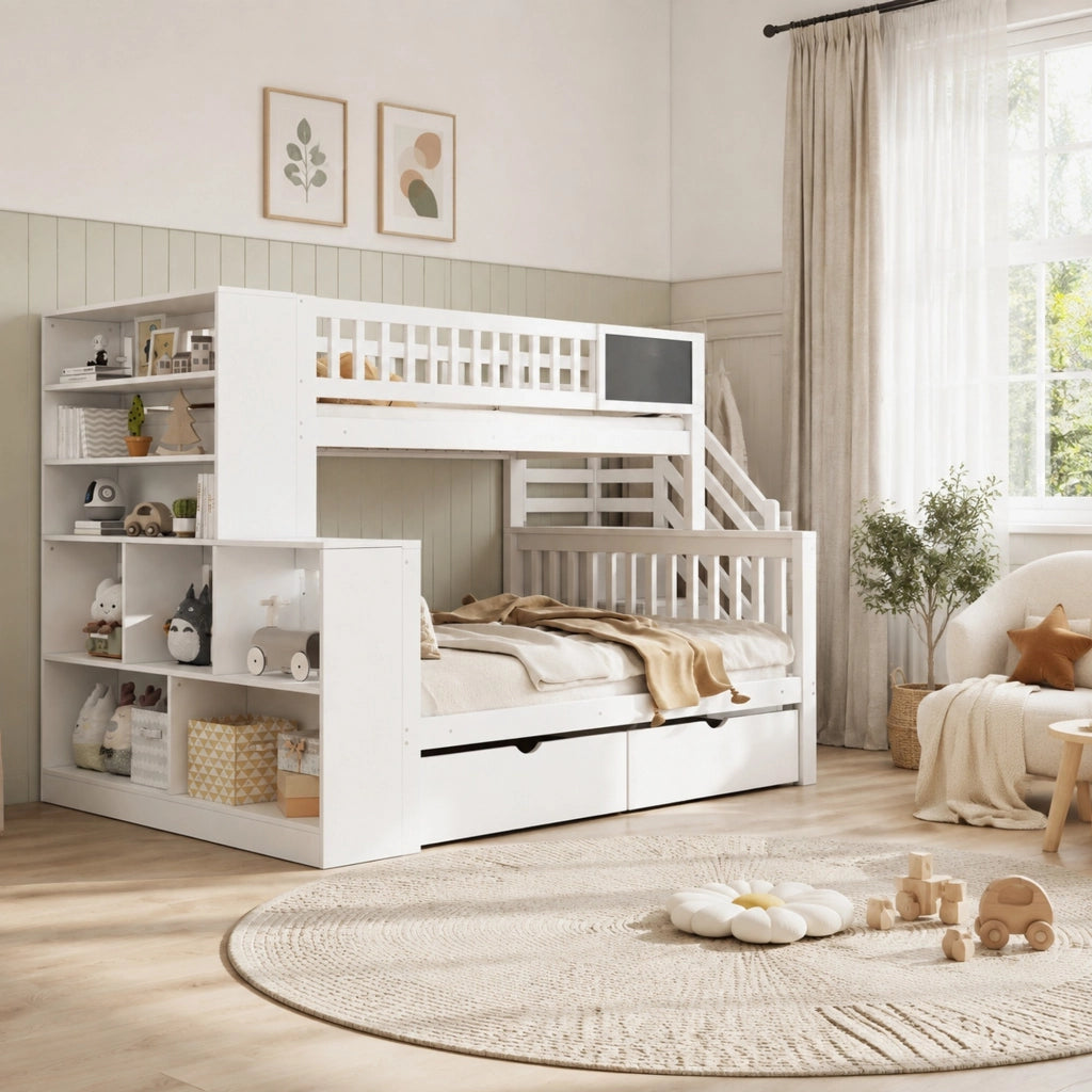 DESMIU Letto a castello per bambini 140 × 200 cm 2 posti con lavagna, scala e vani, senza materasso, bianco
