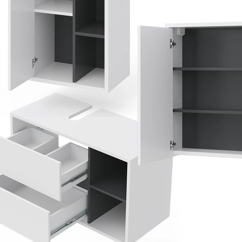 Set mobili bagno Viola, Bianco, 100 cm, composto da mobile sottolavabo, specchiera e colonna alta