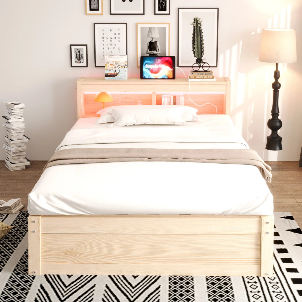 Letto singolo 90×200 cm con contenitore; presa multifunzione; LED e rete sollevabile; senza materasso; MDF; legno