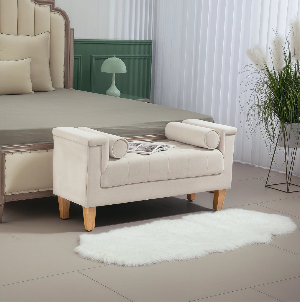 Panca imbottita beige in ciniglia con braccioli, 115 cm