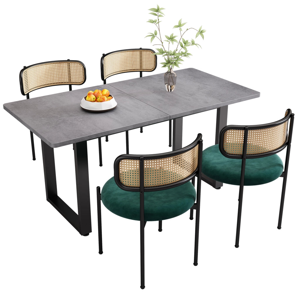 Set tavolo e sedie da pranzo 5 pezzi con 4 sedie in velluto e 1 tavolo rettangolare, nero/grigio