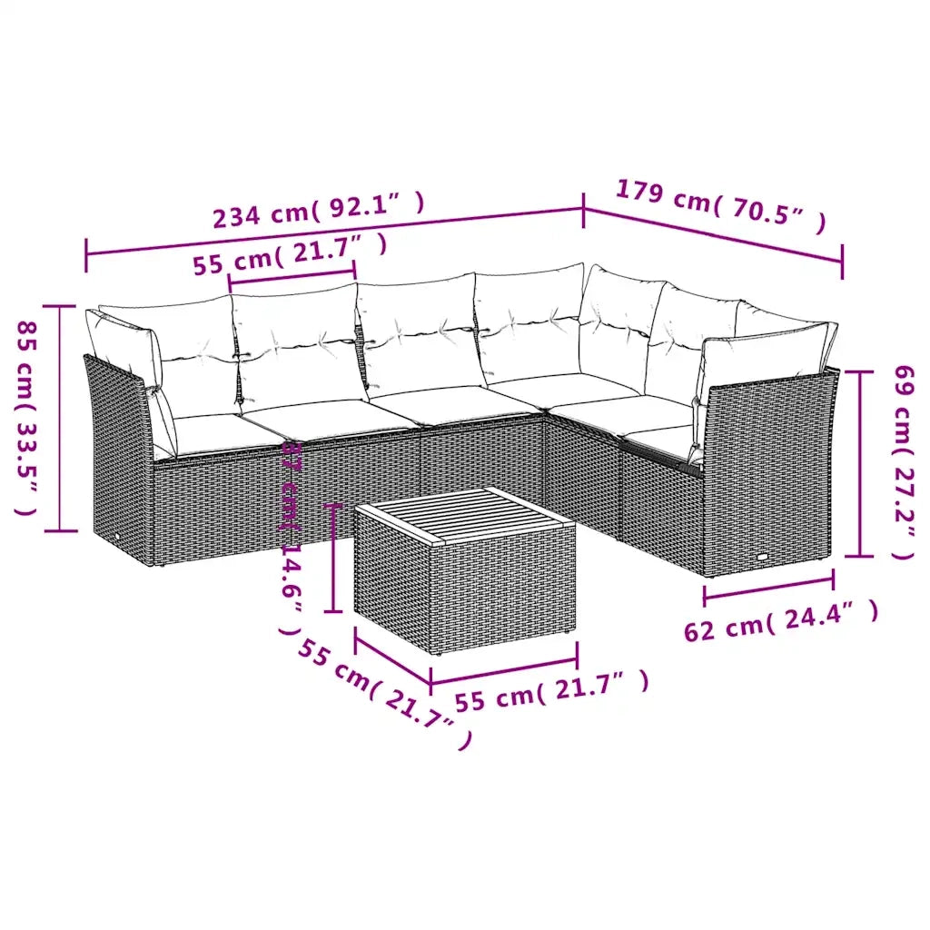Set Divani da Giardino 7 pz con Cuscini Nero in Polyrattan