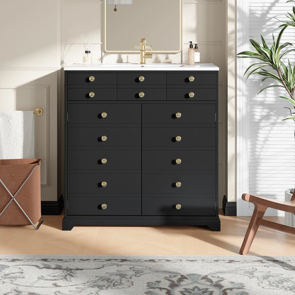 Mobile da Bagno con Lavabo in Ceramica, Cassetti e Ante ¨C Xylo ¨C Nero e Oro