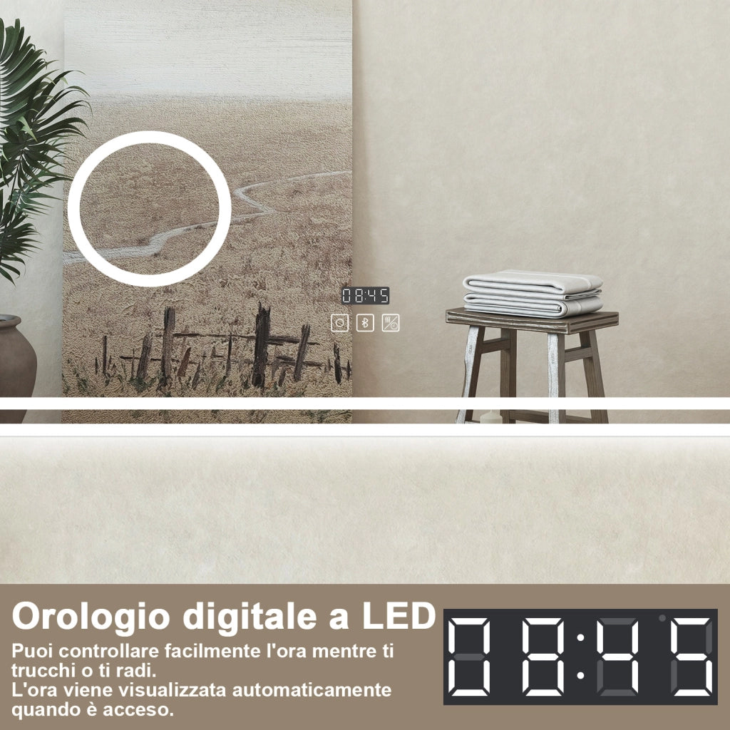 Specchio bagno Rettangolare 140x80cm Led Con 3 Luci + 3X Lente d'ingrandimento + Bluetooth + Oro + Antiappannamentologio