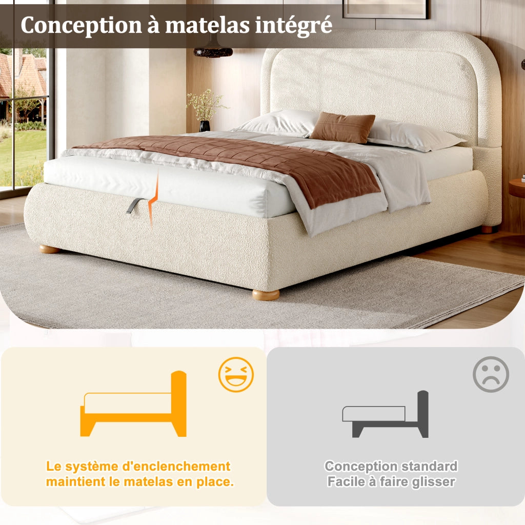 Letto Contenitore Matrimoniale 140 x 190 cm; Rete a doghe e Testiera in Bouclé Beige