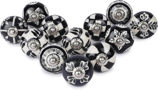 Maniglie in ceramica decorata a mano - 12 pezzi - nero e bianco - disegno fiorale antico - per comodino e mobili