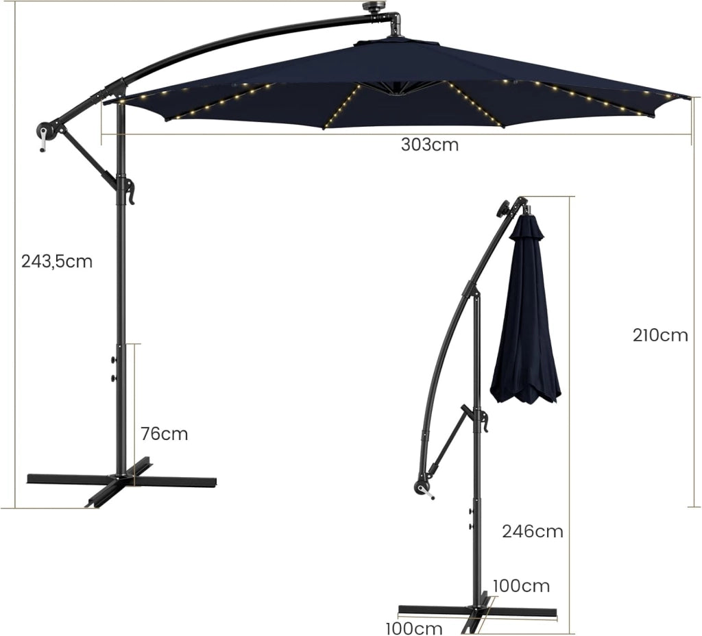 Ombrellone da Giardino ∅303 cm Decentrato, con 112 Luci LED ad Energia Solare, con Manovella, Inclinazione Regolabile, 8 Stecche, Ombrellone da Esterno per Giardino Piscina Cortile (Marino)