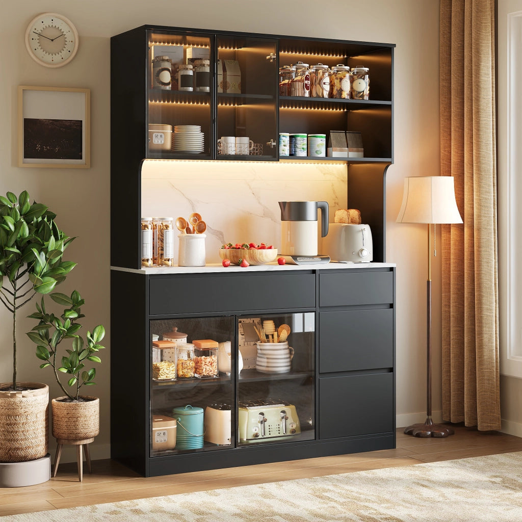 Credenza alta con LED e ante in vetro, cassetti e vani aperti, per soggiorno e sala da pranzo, 120 × 40 × 180 cm
