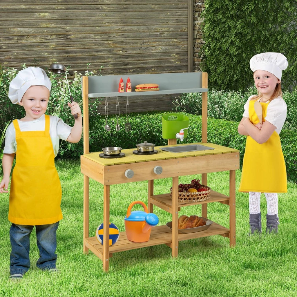 Cucina Giocattolo per Giardino in Legno di Abete, Cucina per Bambini con Serbatoio dell'Acqua e Lavello Rimovibili, 3 Ripiani Aperti, Funzione Suoni, per Bambini 3+ Anni (Naturale)