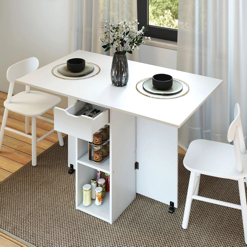 Tavolo da Cucina Pieghevole Mobile con 2 Ruote, 1 Cassetto e 2 Ripiani in Legno