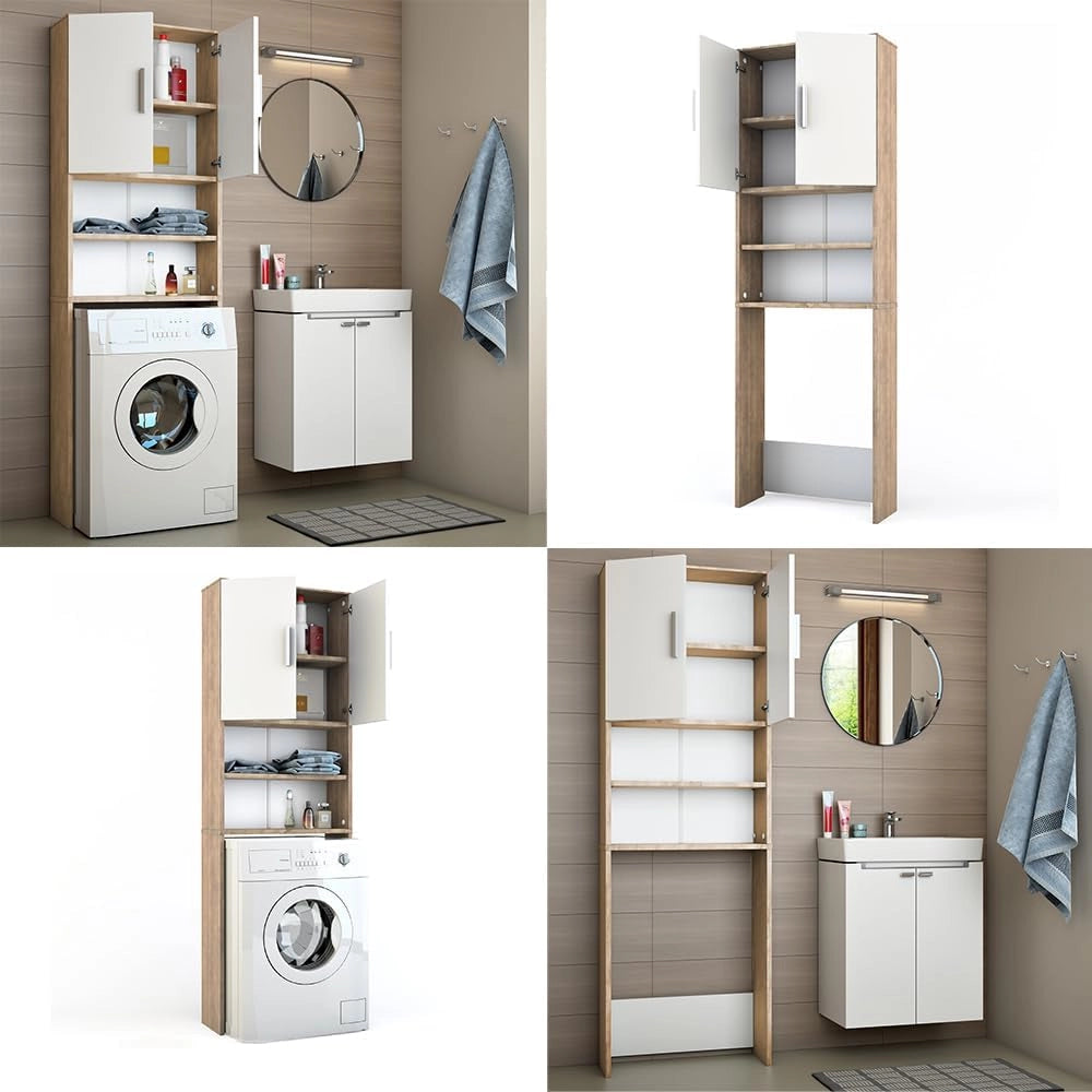 Mobile lavatrice, Bianco/Sonoma, 64 x 190 cm, adatto per la conservazione di detersivo e accessori