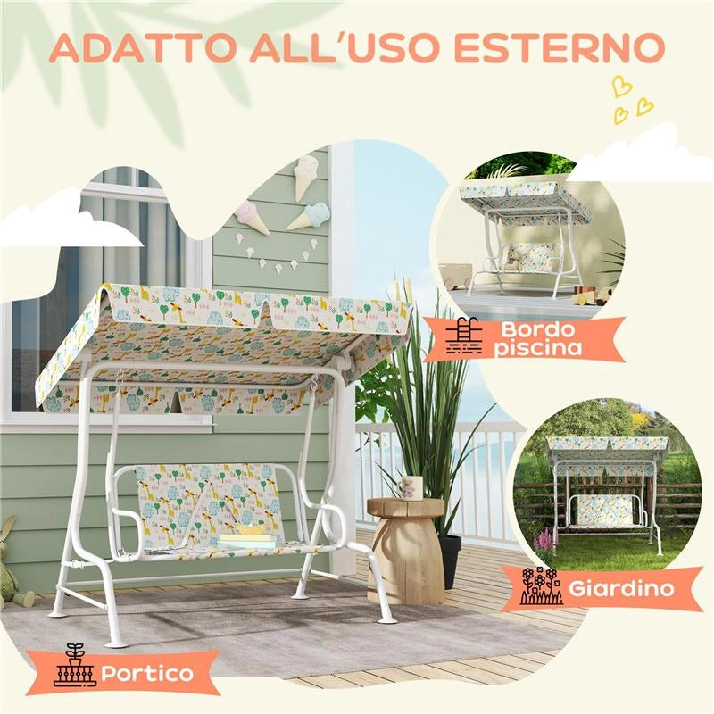 DONDOLO PER BAMBINI DA ESTERNO A 2 POSTI CON TETTUCCIO REGOLABILE E CINTURE DI SICUREZZA 112X75X120 CM BIANCO