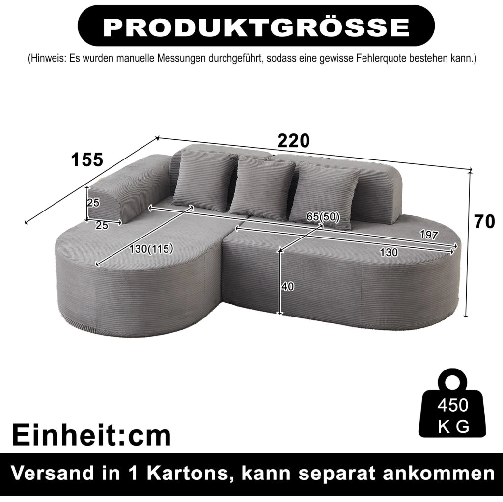 DIVANO Angolare 220x155 cm in Velluto a Coste Grigio