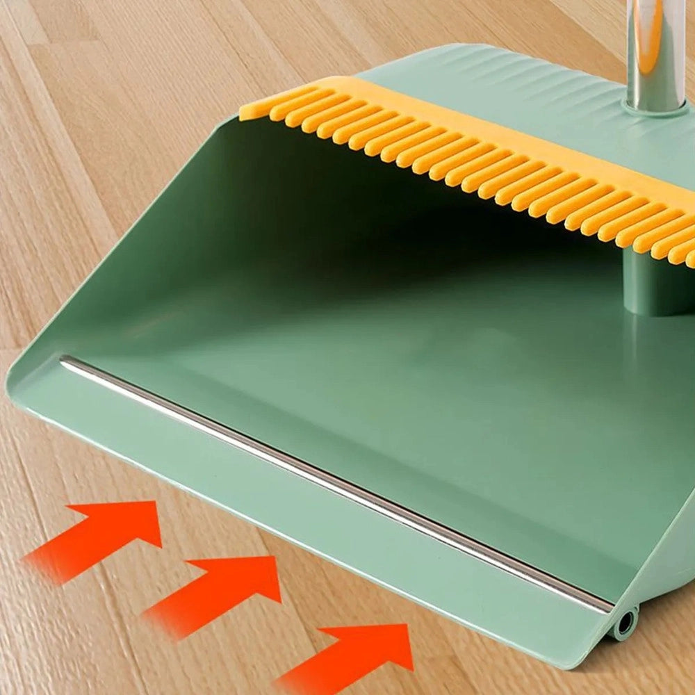 Trade Shop - Set Combinato Di Scopa + Paletta Con Denti 2 In 1 Con Manici In Acciaio Per Pulizia Casa -