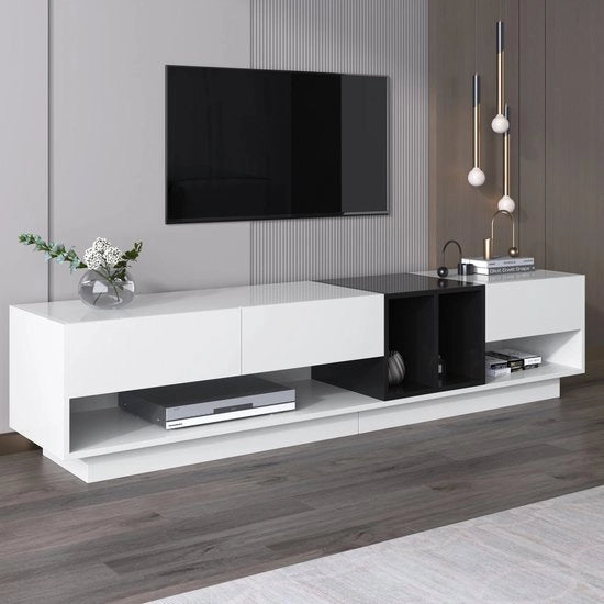 TV-Mobiliario con Finestra in Vetro - Design Moderno - Spazio di Rifornimento Funzionale in Bianco e Nero
