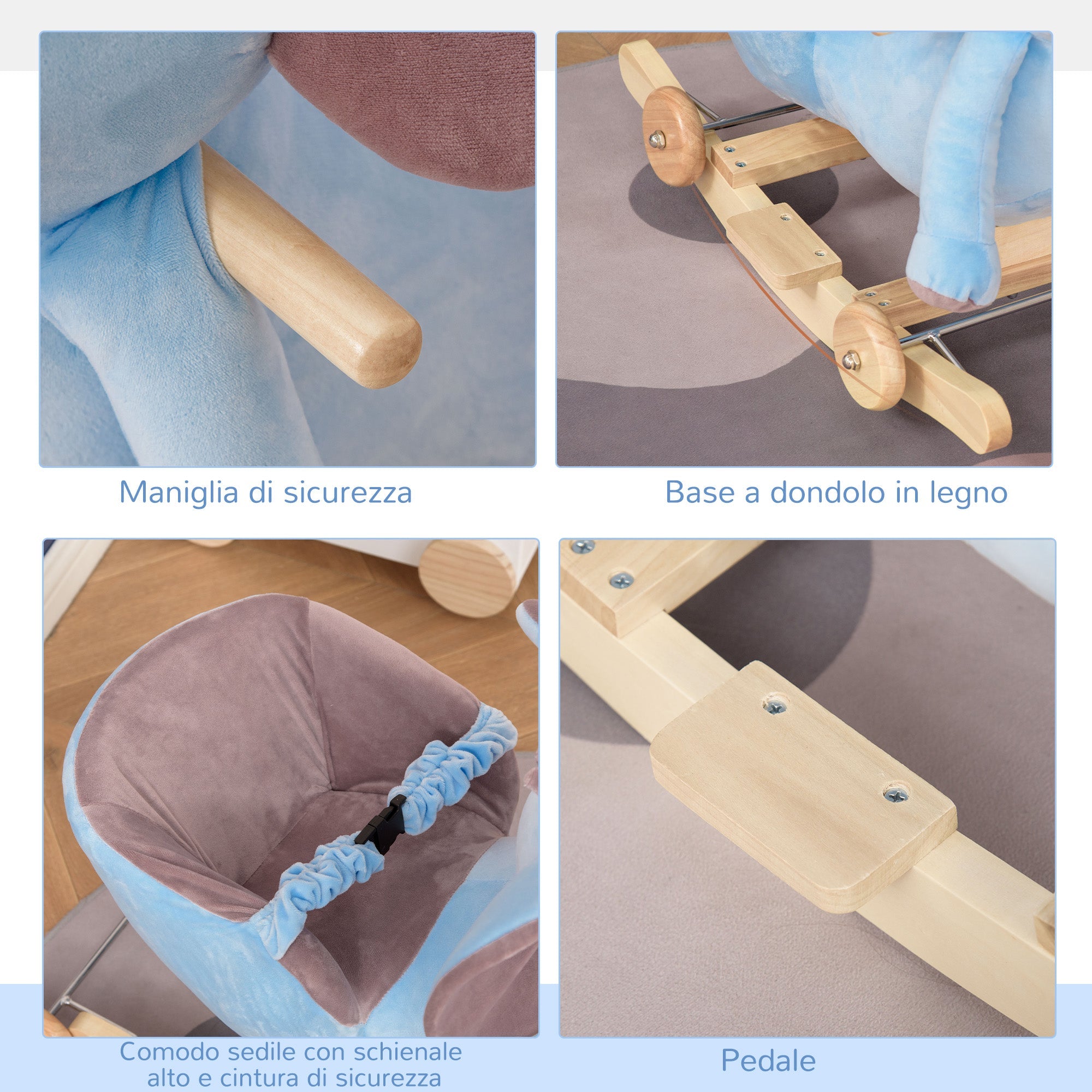 Cavallo a Dondolo per Bambini in Legno e Peluche Elefante Blu