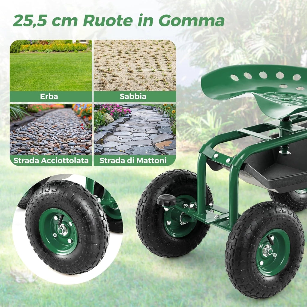 Sgabello per Giardinaggio con Ruote, Sedile da Giardino Regolabile in Altezza con Manico Estensibile, Cesto Portaoggetti, 2 Vassoi e 4 Ruote in Gomma (82,5 x 45,5 x 45,5-54,5 cm)