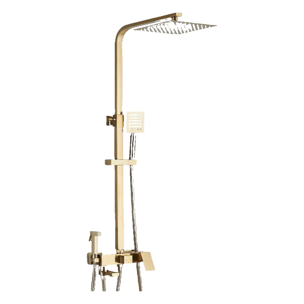 LANA | Set doccia premium oro lucido acciaio inox | Miscelatore doccia di design sistema doccia | Miscelatore doccia completo di doccetta