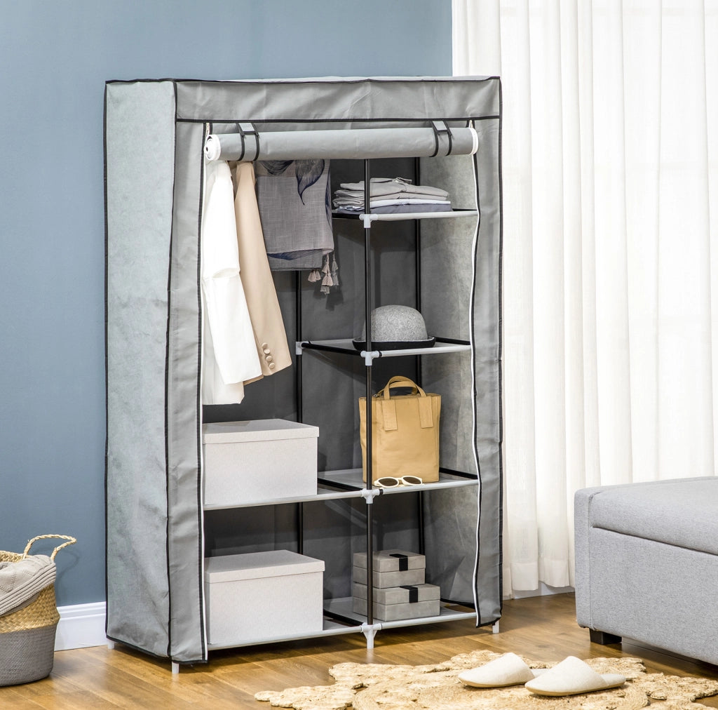 Armadio in tessuto ULEVR 103x43x162,5 cm con barra appendiabiti e 6 ripiani, grigio