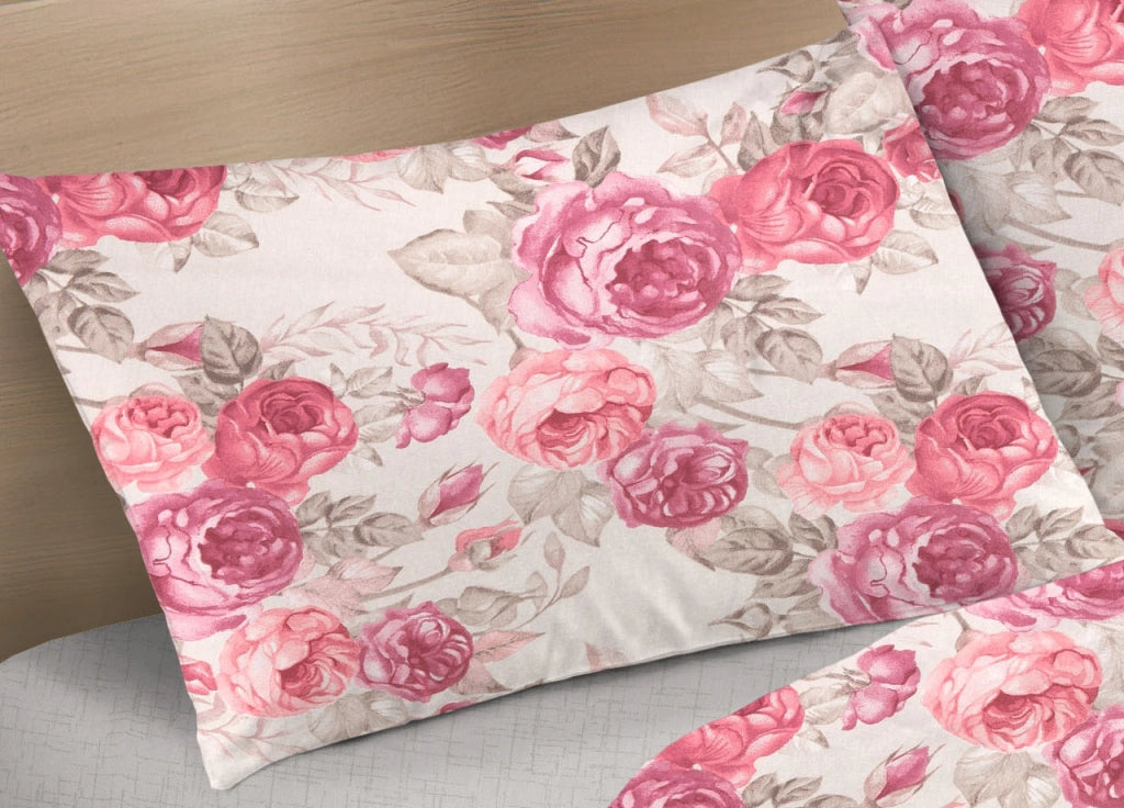 Completo Lenzuola Letto 100% Cotone Disegno Rose Floreale Fiori Romantico Mod RP Made In Italy - 1 Piazza - Rosa
