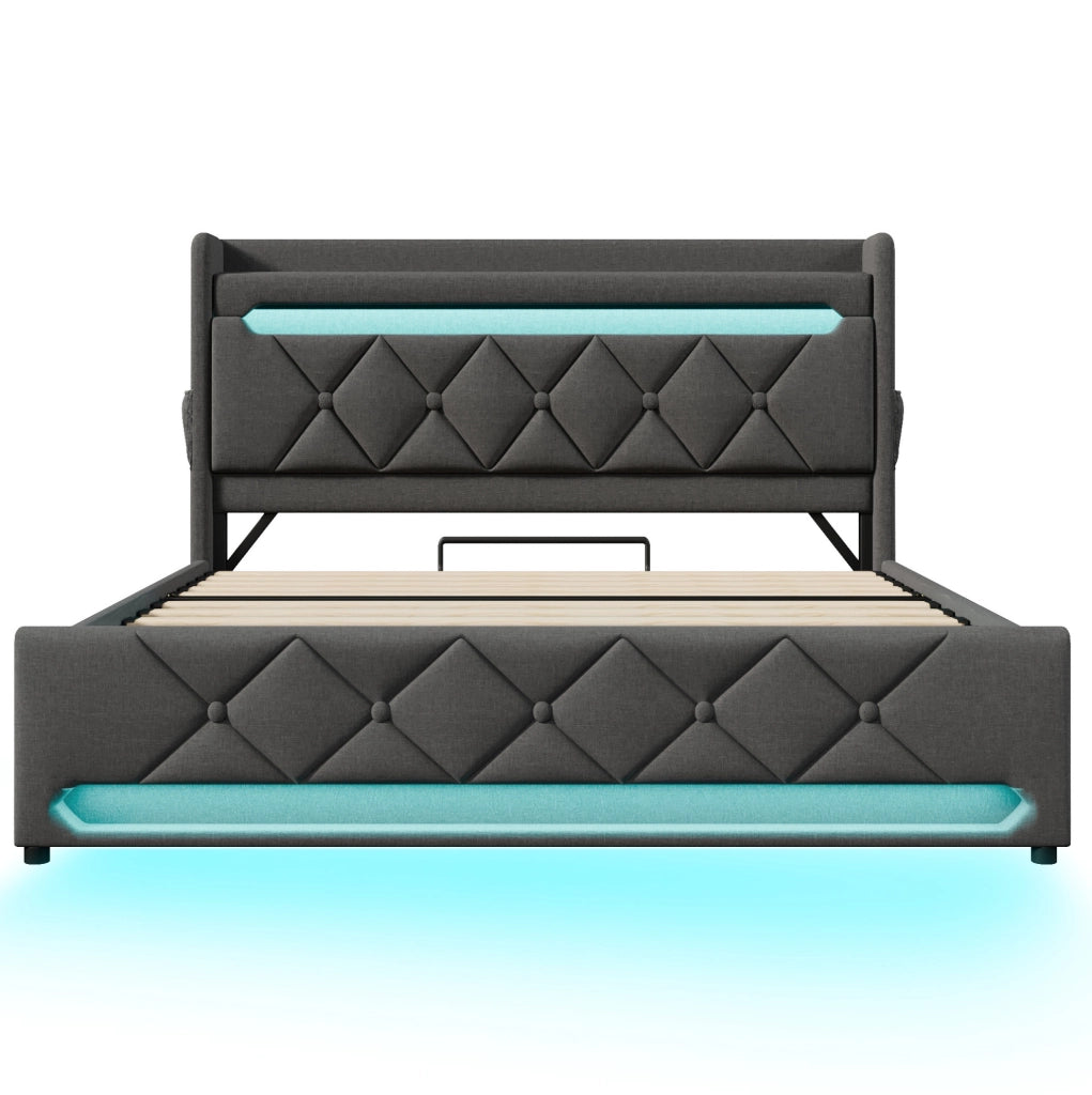Letto matrimoniale 160x200 cm con contenitore; LED 360°; testiera con USB e Type-C; grigio