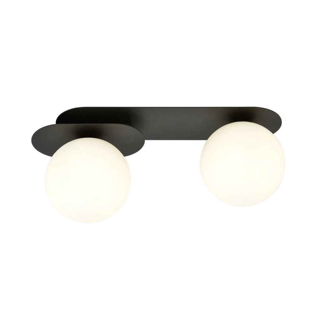 Plafoniera Minimal 2 Luci Teia In Acciaio Nero E Sfere Vetro Opale
