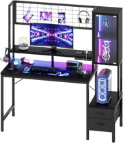 Scrivania Da Gaming Angolare Con LED E Prese, 120 cm, Arredamento Per Ufficio, Con Ganci E 2 Cassetti In Tessuto, Ideale Per il Telelavoro E I Videogiochi, Nera