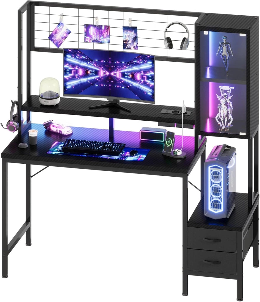 Scrivania Da Gaming Angolare Con LED E Prese, 120 cm, Arredamento Per Ufficio, Con Ganci E 2 Cassetti In Tessuto, Ideale Per il Telelavoro E I Videogiochi, Nera