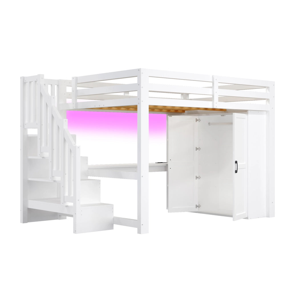 Letto a soppalco 140x200 cm con scrivania; armadio; scala contenitore; USB e LED; bianco