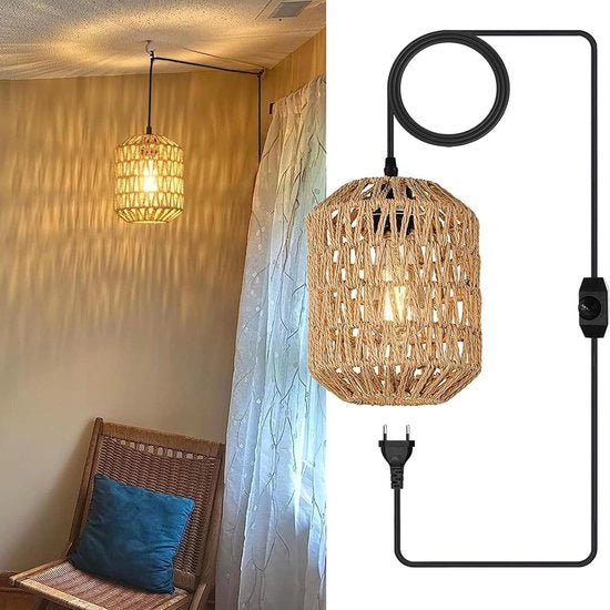 Lampada da Parete Vintage E27 con Regolazione di Luminosità e Capocchia in Canapa - Ø18cm - Per Interno e Esterno - Lampada da Sospensione per Camera da Letto e Foyer - Cavo 4,5M - Con Lampadina 40W