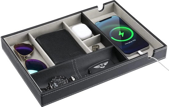 Organizzatore di Scrivania in Pelle PU con 6 Cestelli in Pelle per Ufficio con Sistema di Organizzazione per Telefono Cellulare, Ora, Chiavi e Portafoglio - Nero