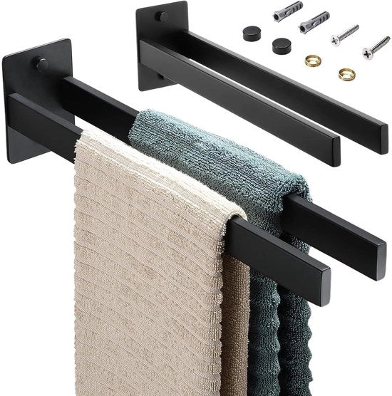 Sostegno asciugamani - Doppia rastrelliera asciugamani - Costruzione robusta - Nero - Ideale per bagno e cucina - 38cm