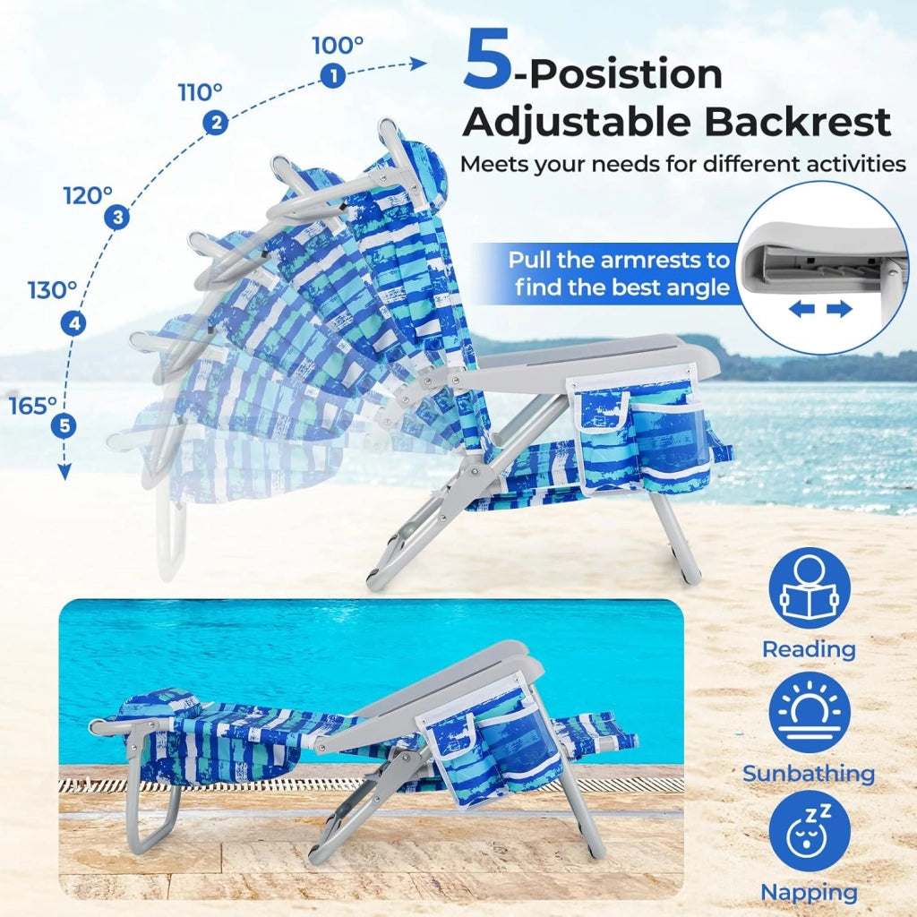 Sedia da Spiaggia Pieghevole, Spiaggina con Schienale Regolabile in 5 Posizioni, Sdraio Mare con Poggiatesta, Lettino Prendisole con Tasca Laterale, Carico 150 kg (Strisce Blu*1)