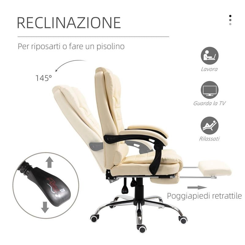 POLTRONA IN SIMILPELLE RECLINABILE E POGGIAPIEDI 64.5X69X117-127 CM CREMA