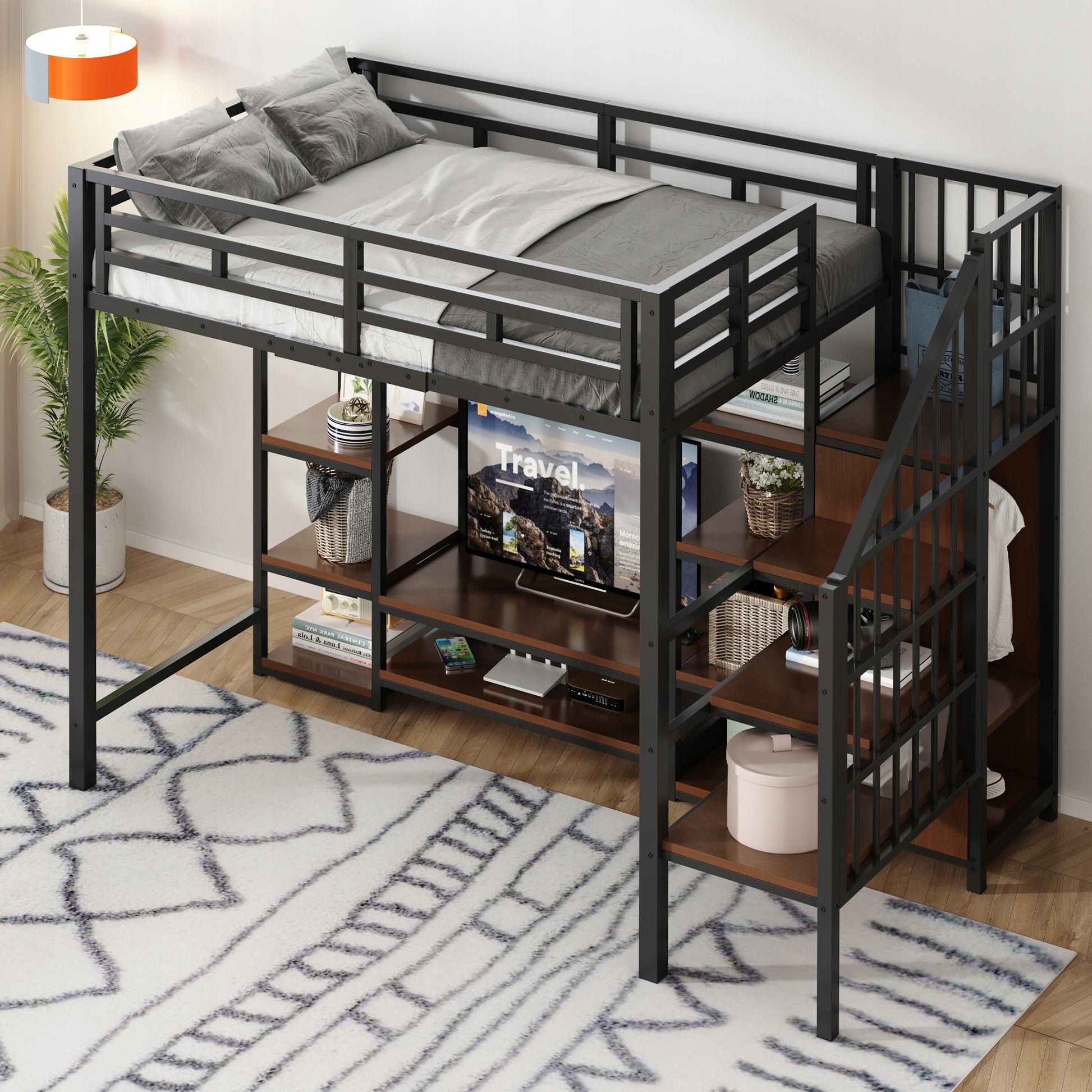 Letto a castello 90x200 - Xylo - Nero con TV, presa e scala