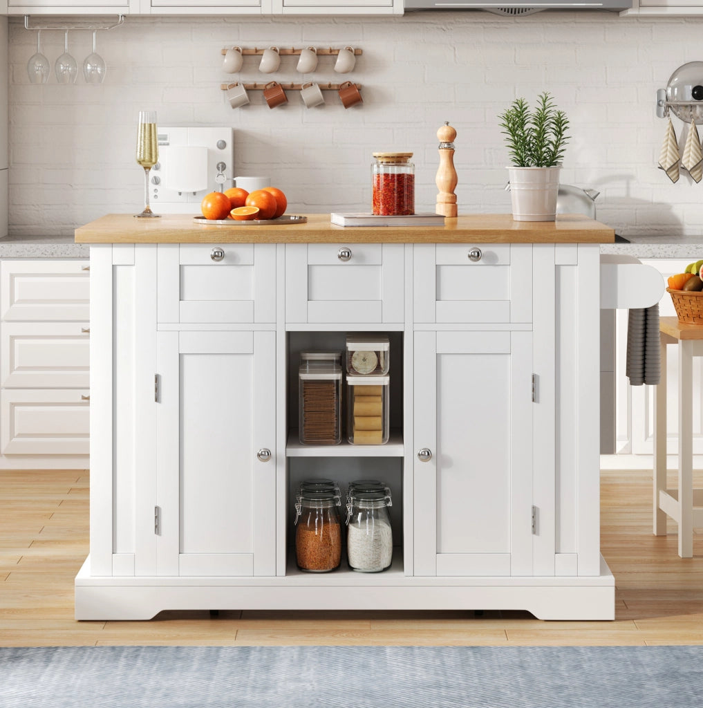 Isola cucina mobile con piano pieghevole e presa USB, 132 cm