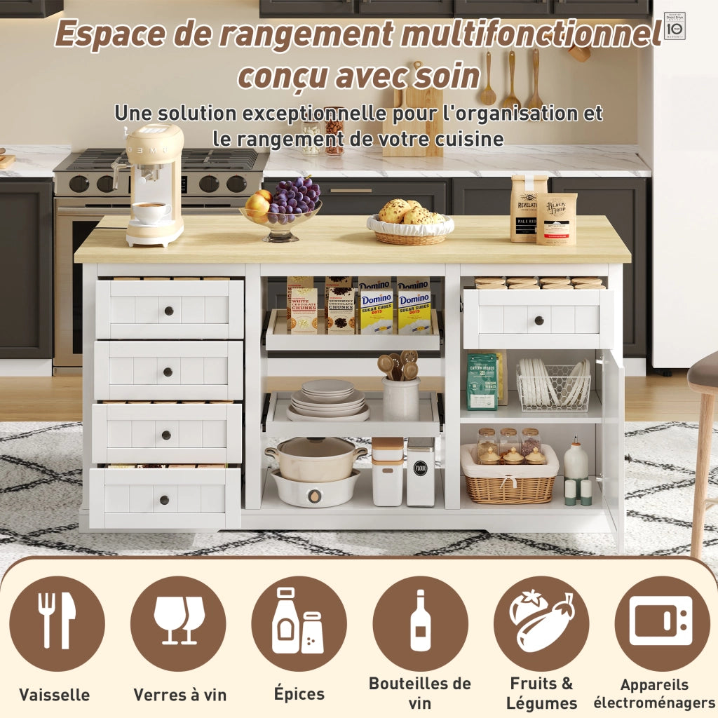 Credenza da Cucina con 5 Cassetti; 2 Ripiani Estraibili; Piano Ribaltabile e Prese; 150x65x75;5 cm