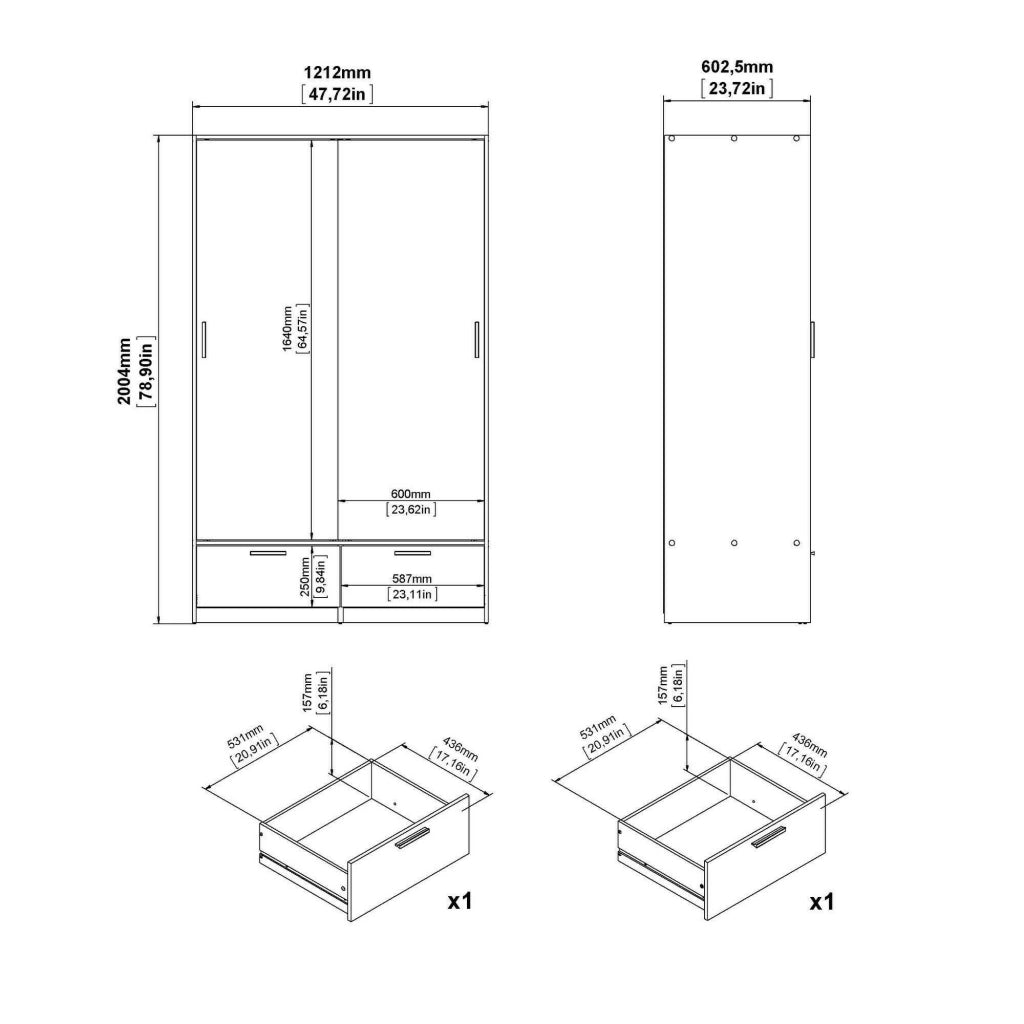 Guardaroba 2 ante Kammuri, Mobile camera da letto, Cabina armadio portabiti, Armadio appendiabiti, 121x60 h200 cm, Nero e Rovere