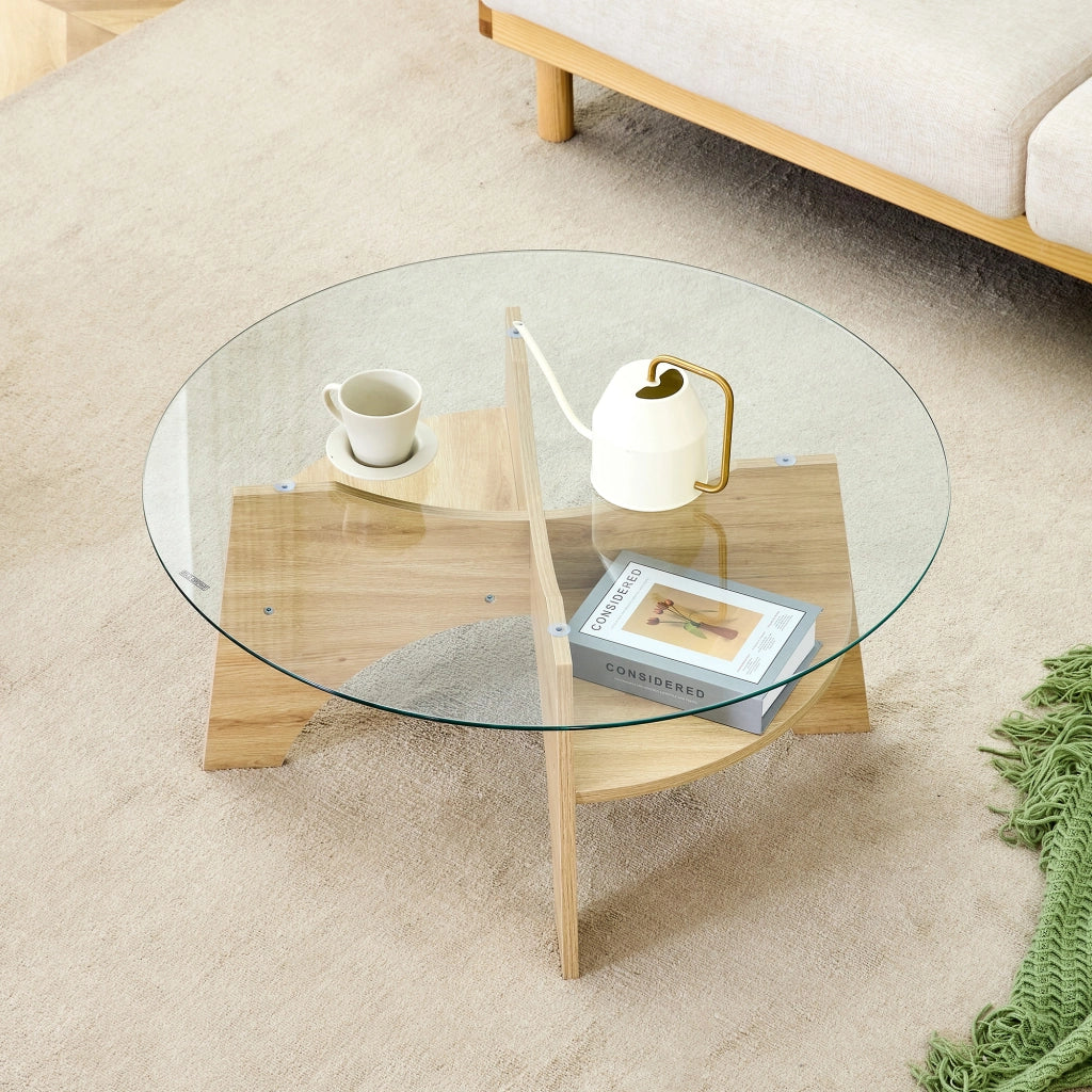 TAVOLINO DA CAFFÈ Rotondo Ø 80 x 36 cm Vetro Trasparente MDF Effetto Legno
