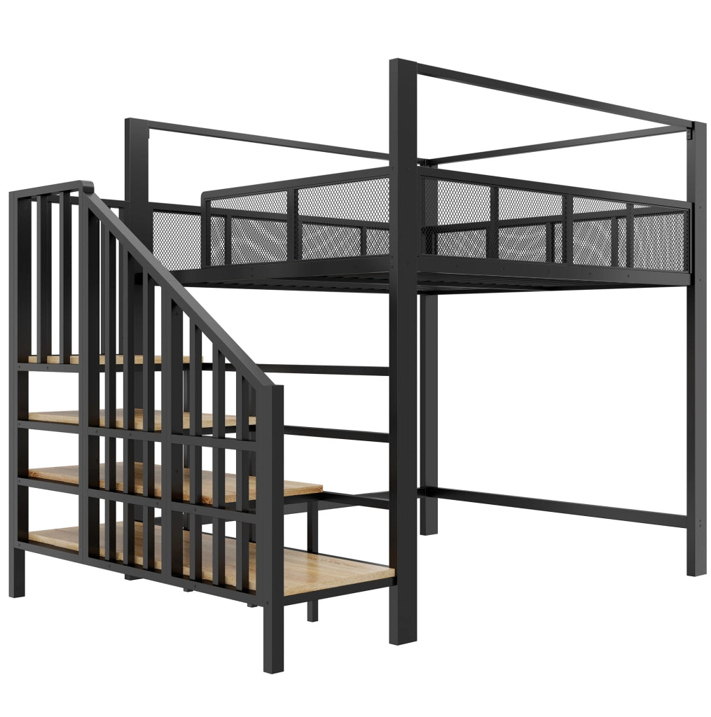 Letto a soppalco 140x200 cm con scala e baldacchino in metallo nero