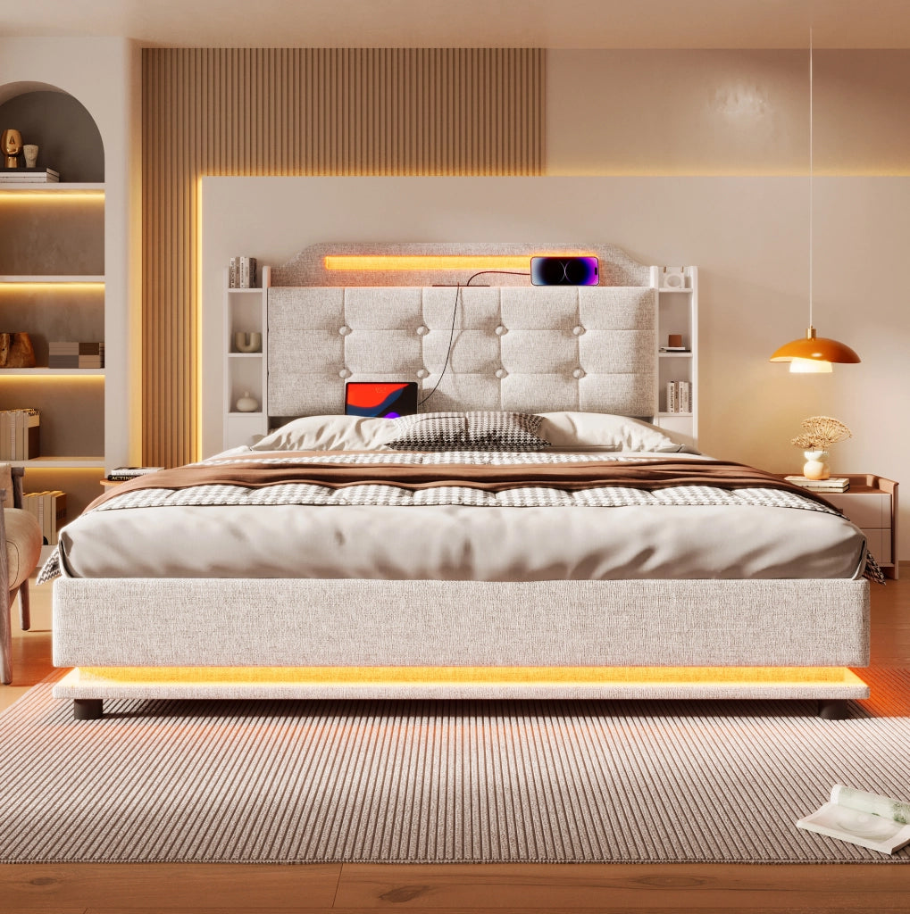 Letto matrimoniale imbottito 140x200 cm in lino beige con LED; contenitore idraulico e porte USB + Type-C