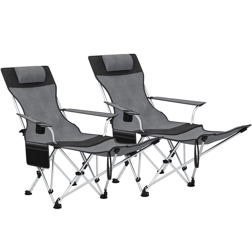 Set 2 Sedie da Campeggio 82x50-100x88 cm Pieghevoli con Poggiapiedi e Portabicchieri in Tessuto Oxford Grigio