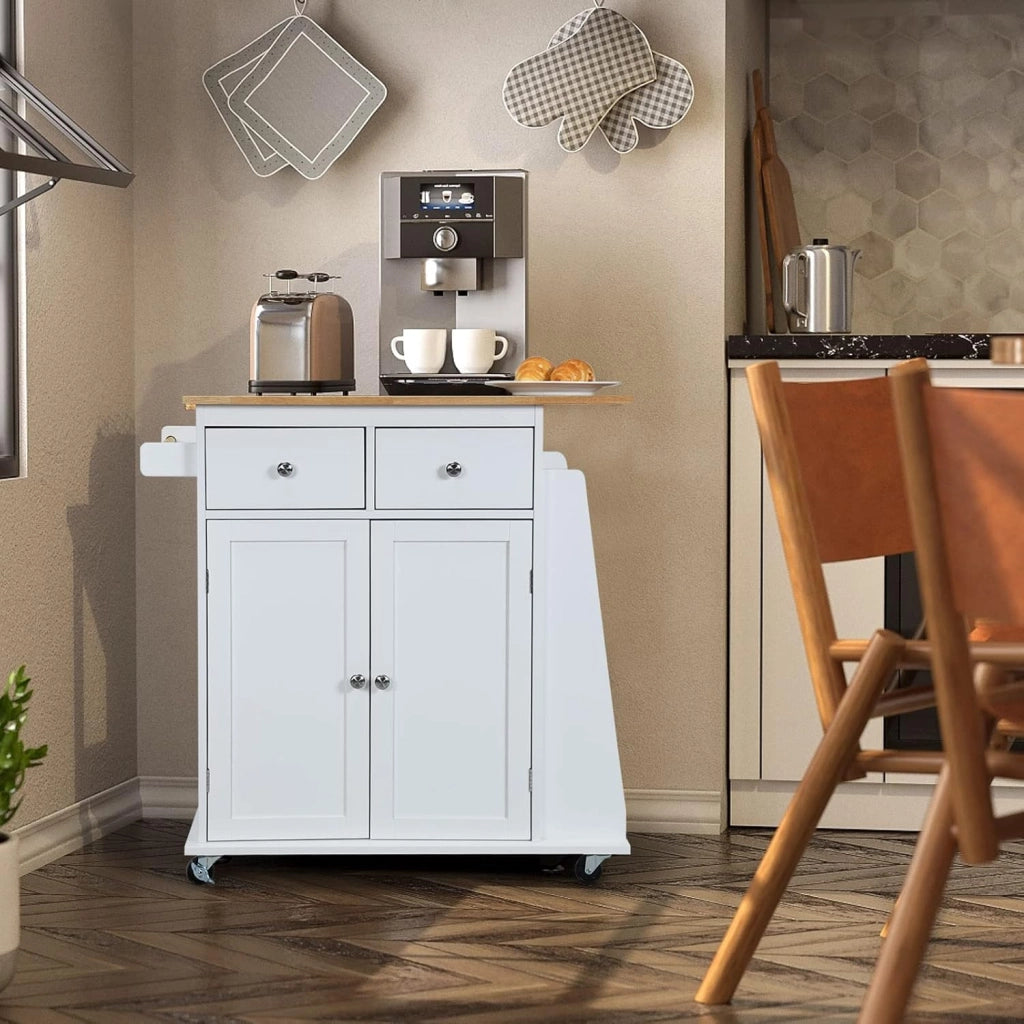 Carrello di Servizio Cucina con Ruote, 2 Cassetti e Portaspezie, Portasciugamani e 2 Porte, Ideale per Casa Ristorante e Bar, MDF + legno di gomma 88x45x89,5 cm (Bianco)